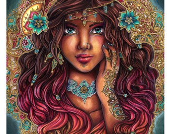 Art PRINT Photo paper The Seer - Beautiful gypsy portrait indian pattern, turquoise, gold design, flowers, baroque background by sakuems