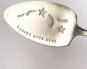 SERVED WITH LOVE stamped stainless steel vintage pie server, Thanksgiving, Christmas, Friendsgiving, Hostess Gift, Twin Star, Gifts under 20