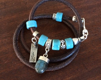 Custom Handmade Leather Wrap Bracelet With A Labradorite Cabochon and Sterling Silver RM246