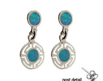 Sterling Silver Dangle Earrings - Circle Greek Key & Opal (8mm)