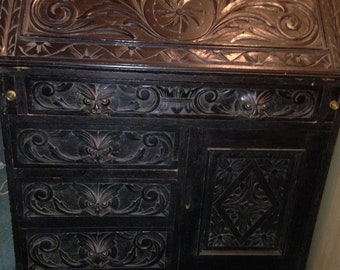 Black ebonised wood bureau or desk Viintage Weird Lion Handles