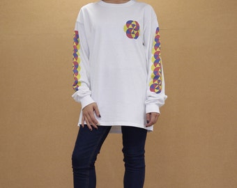 Colourful Bold 90s Geometric Pattern White Long Sleeved T-shirt 1015
