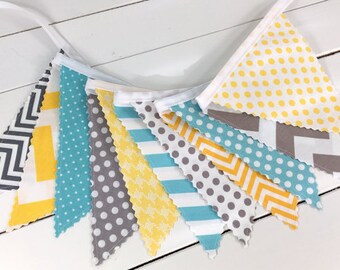 Banner Bunting Baby Boy Nursery Decor Fabric Bunting Garland Party Decorations Baby Shower Nursery Bunting Gray Yellow Aqua Grey Chevron