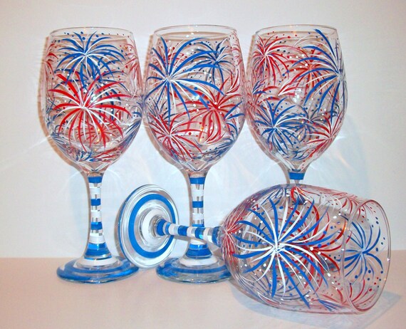 Fireworks July 4th Hand Painted Wine Glasses Set of 4 21 oz.