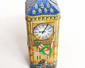 Churchill's PETER PAN MONEY Box / Bank / Embossed Tin by Churchill's Confectionery, England / Made in England 8" Tall / Great Gift