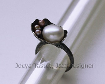 Bague cocktail, Taille 5,25 en stock, Bague couleur unique, Bague brindille, Détail floral, Oxydé, Perles, Pour elle, Argent 925