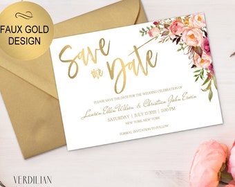 Save The Date Template - Floral Faux Gold Design Wedding Template-Printable DIY PDF editable template -Download instant|VRD156DG