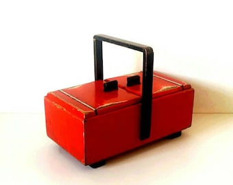 RUSTIC wooden Sewing box, wooden sewing box, old wooden box, red sewing box