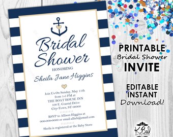 Printable Nautical Bridal Shower Invite - Editable Invitation - Nautical themed Editable Invite - Anchor Invite - INSTANT DOWNLOAD - Digital