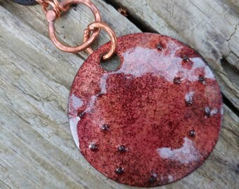 Torch fired enamel glass copper pendant leather necklace