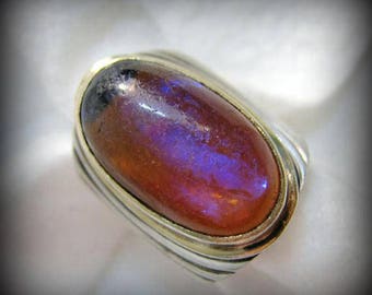Vintage DRAGON'S BREATH and Sterling Ring -- 21 Grams, Fits 6-6.5, Signed AM, Gold-Filled Bezel, Lots of Color!