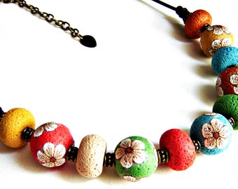 Polymer clay bead necklace: Statement necklace, Unique jewelry, Polymer clay necklace, Clay choker, wife jewelry