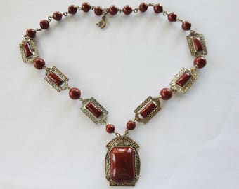 Antique Art Deco Egyptian Revival Silver Tone Glass Necklace