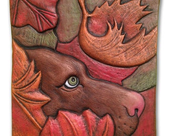Hand carved, hand pressed ceramic, wall sculpture, earthenware, Chocolate Labrador Retriever "Fall Dog," tile
