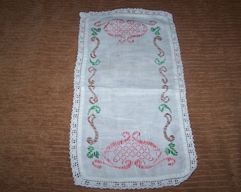 Vintage, Farmhouse, Retro Hand Embroidery , Crochet Edge Small Retangle Cotton Doily