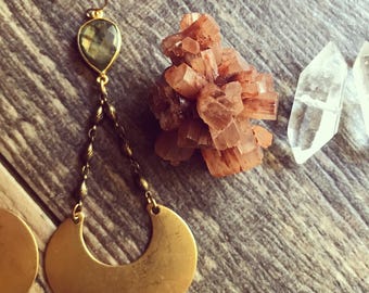 Labradorite Earrings,Labradorite Earrings Gold,Labradorite Teardrop Dangles,Raw Stone earrings,Labradorite,Brass Moon Earrings,Long Earrings