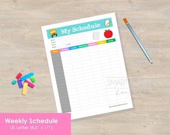 Week Schedule, School planner insert, Printable. US Letter Size 8.5"x11". Teacher or Student hourly schedule. High resolution. PDF File.