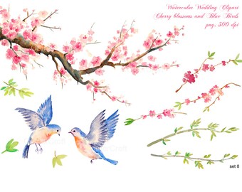 Wedding clipart, cherry clip art watercolor cherry blossoms, bamboo, 2 blue birds printable instant download for wedding invitation