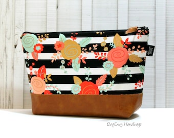 Floral Stripe with Vegan Leather - Large Make Up Bag / Diaper Clutch / Bridesmaid Gift