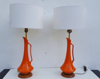 Vintage Orange Ceramic Table Lamps A Pair.