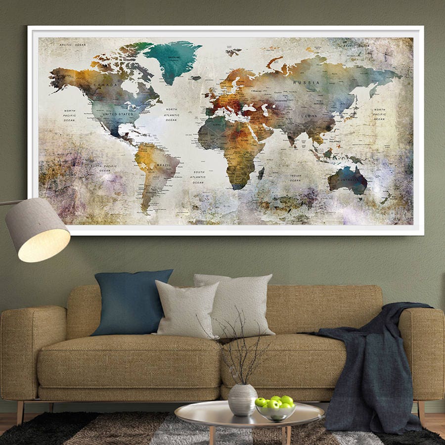 Watercolor World Map Print World Map Wall Art Detailed
