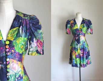 vintage 1970s dress - MONET rainbow mini babydoll dress / S