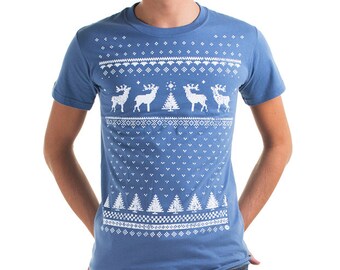 Mens Retro Christmas Jumper style Reindeer Tshirt - Indigo Blue