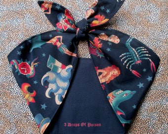Extra WIDE Head Scarf Rockabilly Pin-up Vintage Retro Style Head scarf Wrap Tie Black Tattoo print headband