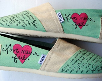 Womens Love Bible Verse Hand Painted TOMS, Mint Green and Cream, 1 Corinthians 13, Custom hand painted shoes