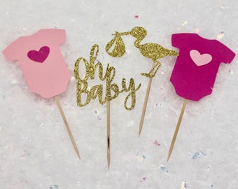 12 ct. Baby Shower Cupcake Toppers - Oh Baby Cupcake Toppers - Baby Shower Decorations - Stork Cupcake Toppers - Onesie Cupcake Toppers