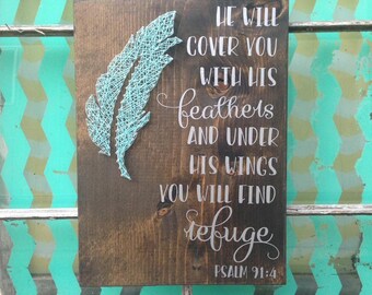 Psalm 91 4 Sign, Feather String Art, Under His Sings Sign, You Will Find Refuge, Scripture Sign, Wood Feather Sign, Custom Housewarming Gift