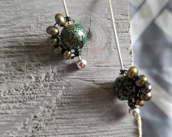 Green Pearl and Bead Earwire Earrings