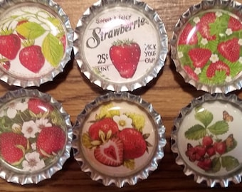 Six Vintage Strawberries on Silver Bottle Cap Magnets