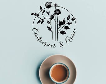 Round Calligraphy Name Stamp, Flowers Stamp, Couple Name Stamp, Wedding Stamp, Rubber Stamp, Self-inking Stamp - CN779