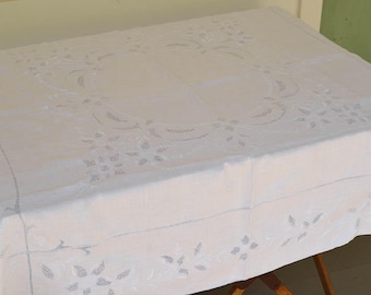 White Lace Tablecloth, Vintage White Table Topper, White and Ice Blue, Size 49" Square, Vintage Table Linens