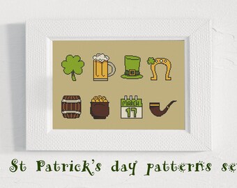 Patrick Day Cross Stitch Pattern Set Modern Easy Beginner Xstitch Irish Lucky Pattern Four Leaf Clover Lucky Horseshoe PDF Instant Download