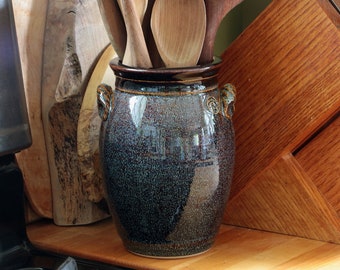 Handmade Utensil Crock, Utensil Holder, Stoneware Utensil Crock In Speckled Hen Glaze