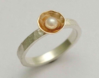 Sterling Silver Ring, rose gold ring, engagement ring, single pearl ring, twotone ring, hammered ring, dainty ring, Pure and innocent R1324A