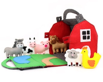 Barn and Farm Animals Pattern, Red Felt Barn, Felt Barnyard Animals Sewing Pattern, Hand Sewing