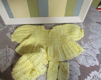 Ensemble De Laine Jaune Fait Main VINTAGE Gilet Bonnet Et Mitaine Tricoté VTG Petit Manteau Gilet Ample