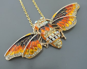 Statement Necklace - Butterfly Necklace - Gold Necklace - Yellow Orange Enamel Necklace - Upcycle Necklace - Rhinestone Necklace - Handmade