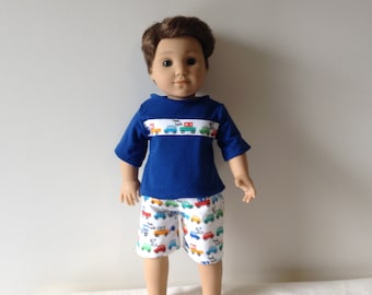 18 inch Boy doll two piece set of pajamas, with cars. Fits American Girl Logan doll. Short set for boy doll.