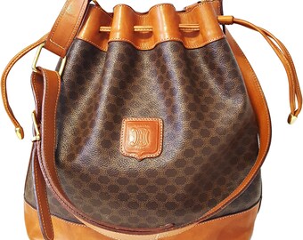 Authentic Celine Macadam Pattern Drawstring Shoulder Bag PVC Leather Brown Handbag