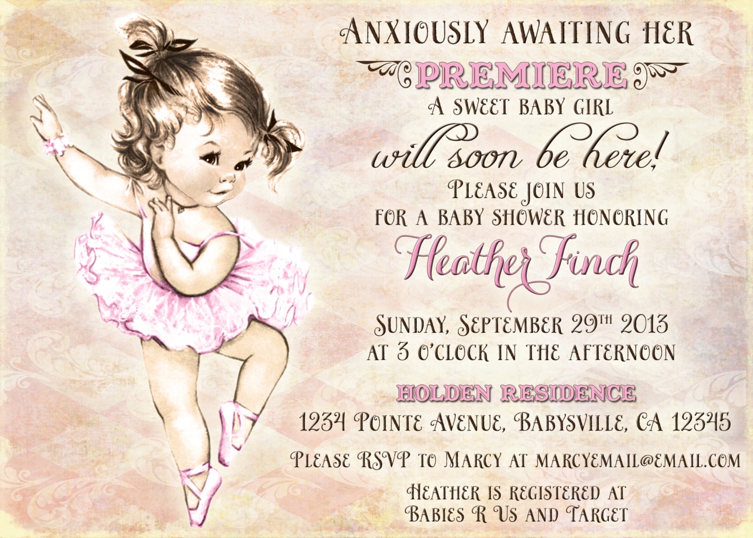 Vintage Ballerina Baby Shower Invitation For Girl Ballet