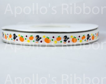 Little Crows and Pumpkins grosgrain ribbon 3/8 halloween, fall, 3/8" inch