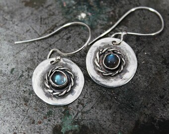 Labradorite Twisted Gypsy Disc Earrings. Handmade Sterling Silver Hammered Rustic Earrings. Oxidized Earrings.