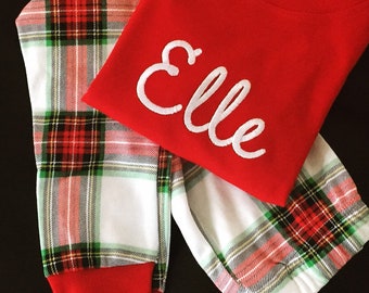 Organic Christmas pajamas PREORDER pajama sets top & pants holiday plaid monogram baby toddler kids monogrammed PJs cotton unisex siblings
