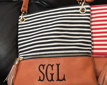 Monogram Crossbody Purse, Striped Crossbody Clutch, Monogrammed Purse, Monogram Crossbody Bag with Tassels