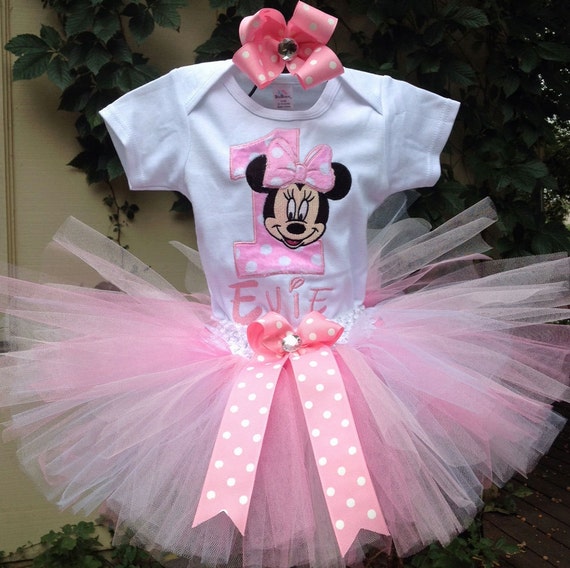 Pink Minnie Mouse 1st Birthday Outfit Onesie Tutu Free Hair