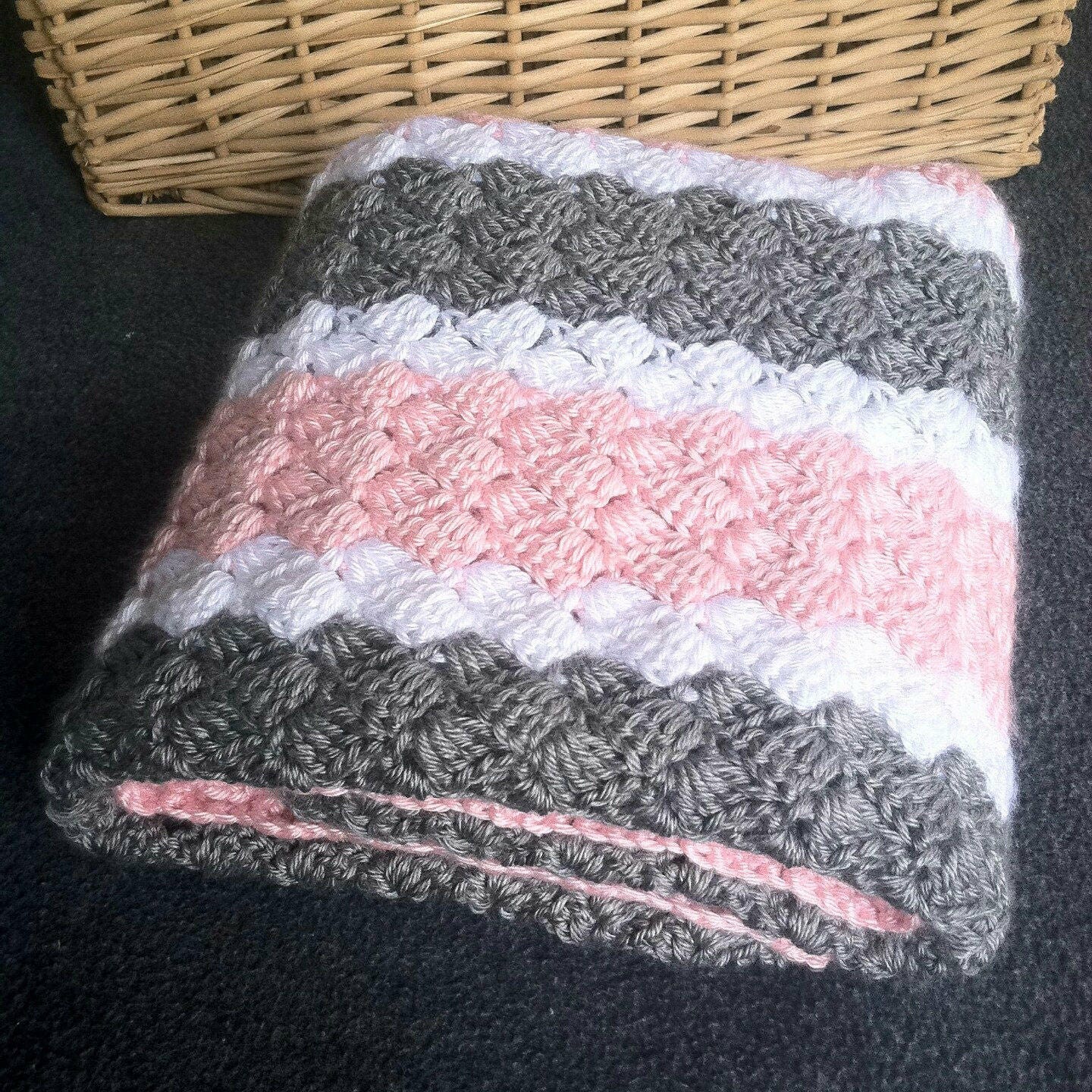 Crochet Pattern Pink White and Grey Striped Baby Blanket